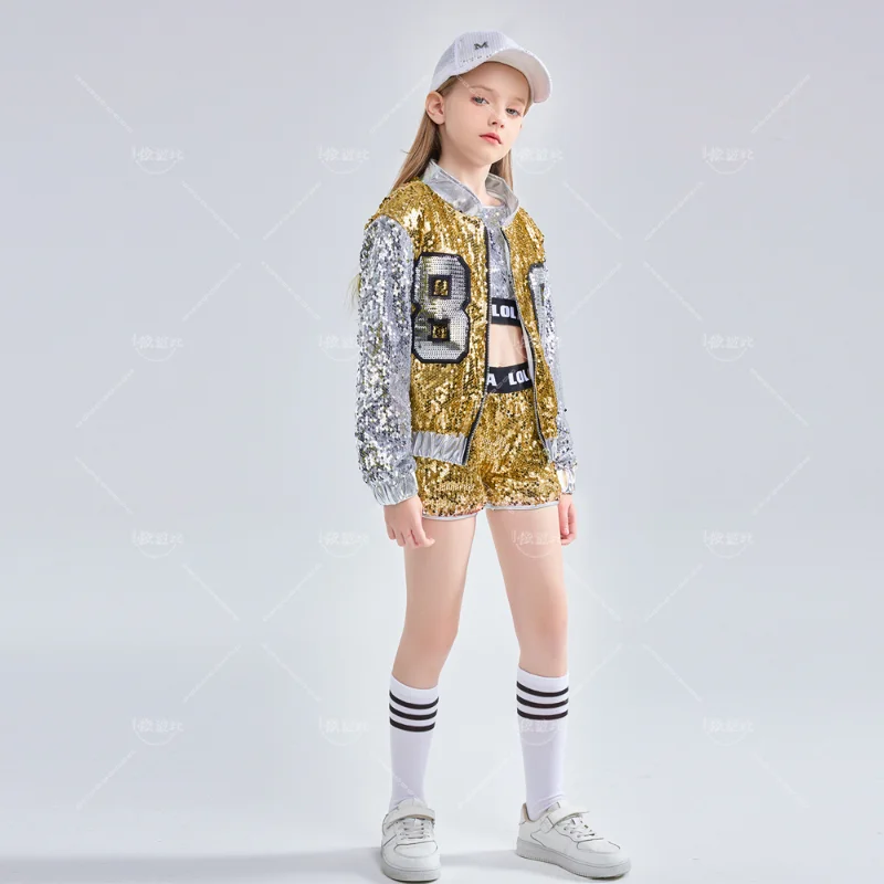 Girls girl dance costume children costumes pink sequin crop tops shorts jacket dancewear costume hip hop modern jazz dance stage performance wear