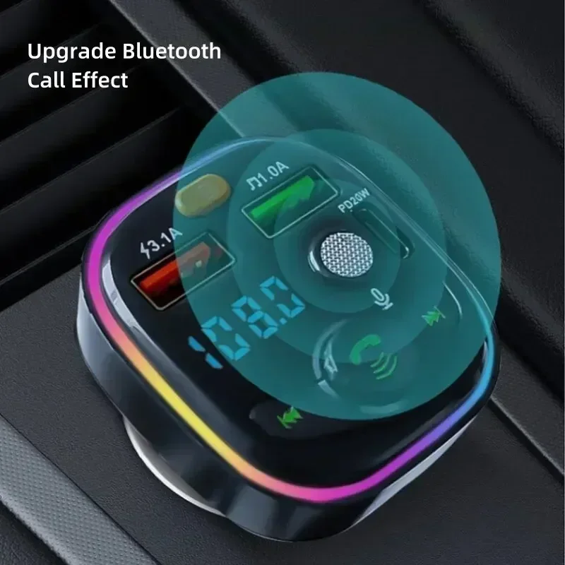 Dual USB Type C Quick Charge Bluetooth 5.0 Car Fast Charger Hands-free Call Kit FM Transmitter MP3 Player Car Cigarette Lighter