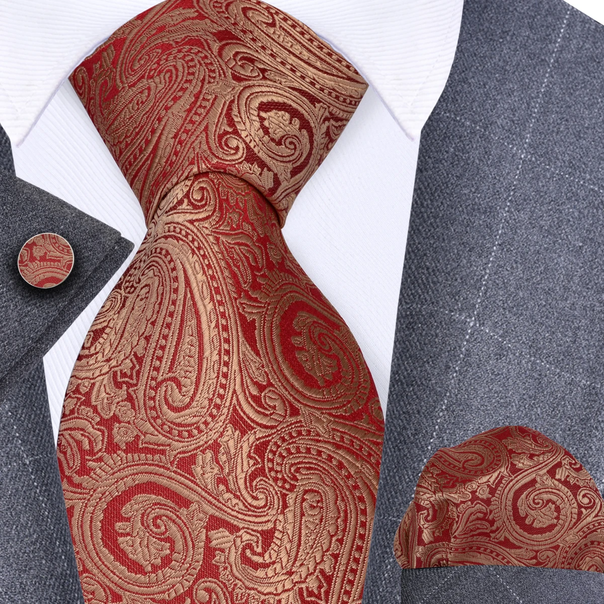 GUSLESON 8cm Blue Black Pink Men Ties Pocket Square Cufflinks Set Paisley Silk Necktie Wedding Business Gift Tie Accessories