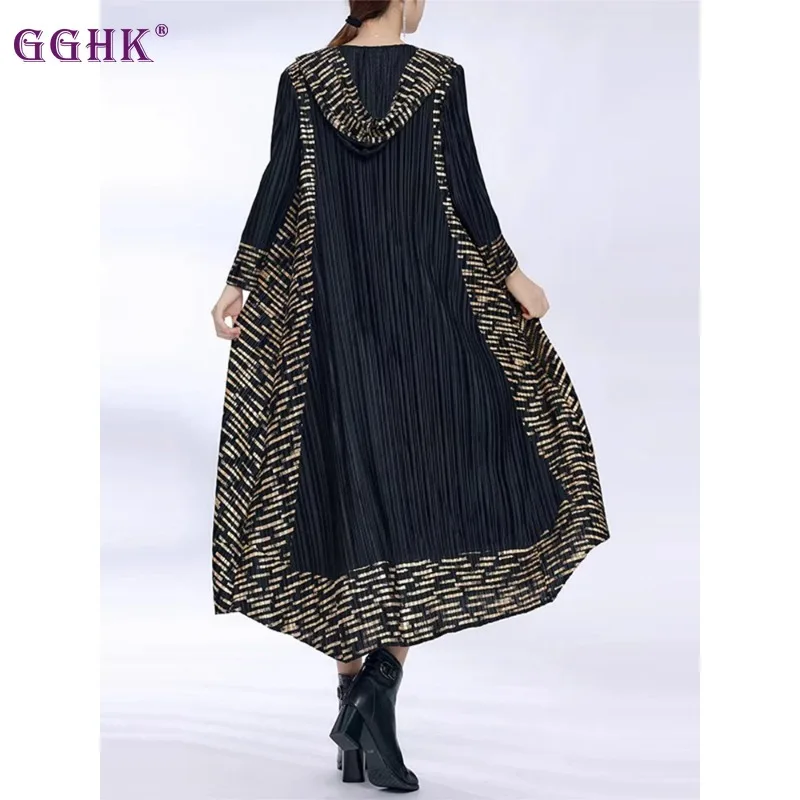 

Женское плиссированное платье GGHK Miyake, контрастные дизайнерские свободные платья с V-образным вырезом, весенняя одежда, 2024