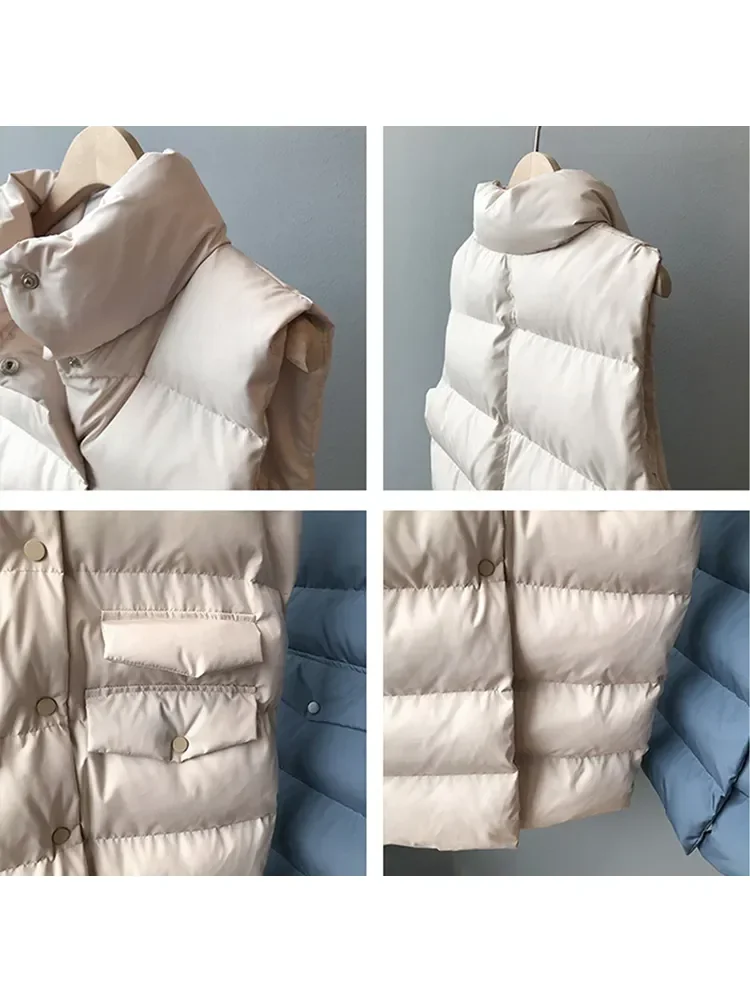 Autumn Winter Long Vest Women Cotton Sleeveless Jacket Korean Casual Solid Waistcoat Fashion Loose Warm Down Coat Veste Femme