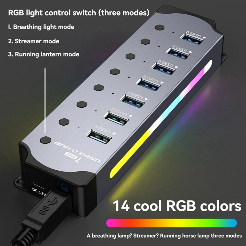 USB 3.0 허브, LED 스트립이 포함된 7포트 RGB 허브, 다이나믹 모드, 스위치, PC용 알루미늄 케이스 허브, 노트북 EU 플러그-A32R