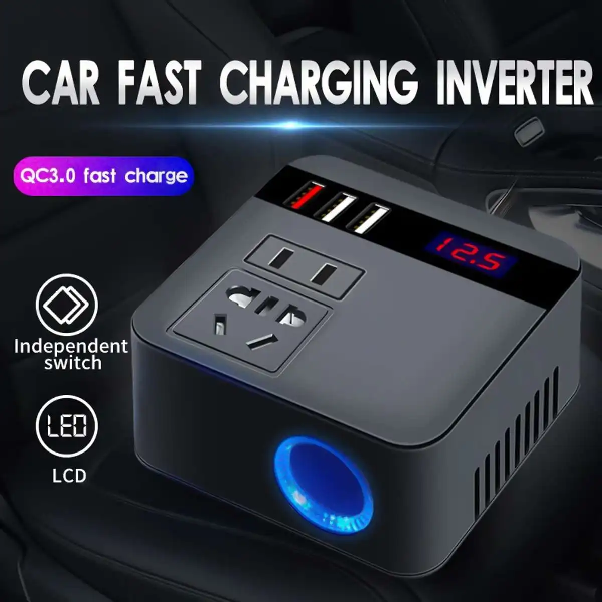 

Car Inverter 150W 12V/24V To 220V Power Supply Inverter Adapter with QC 3.0 USB Charger Fast Charging Black