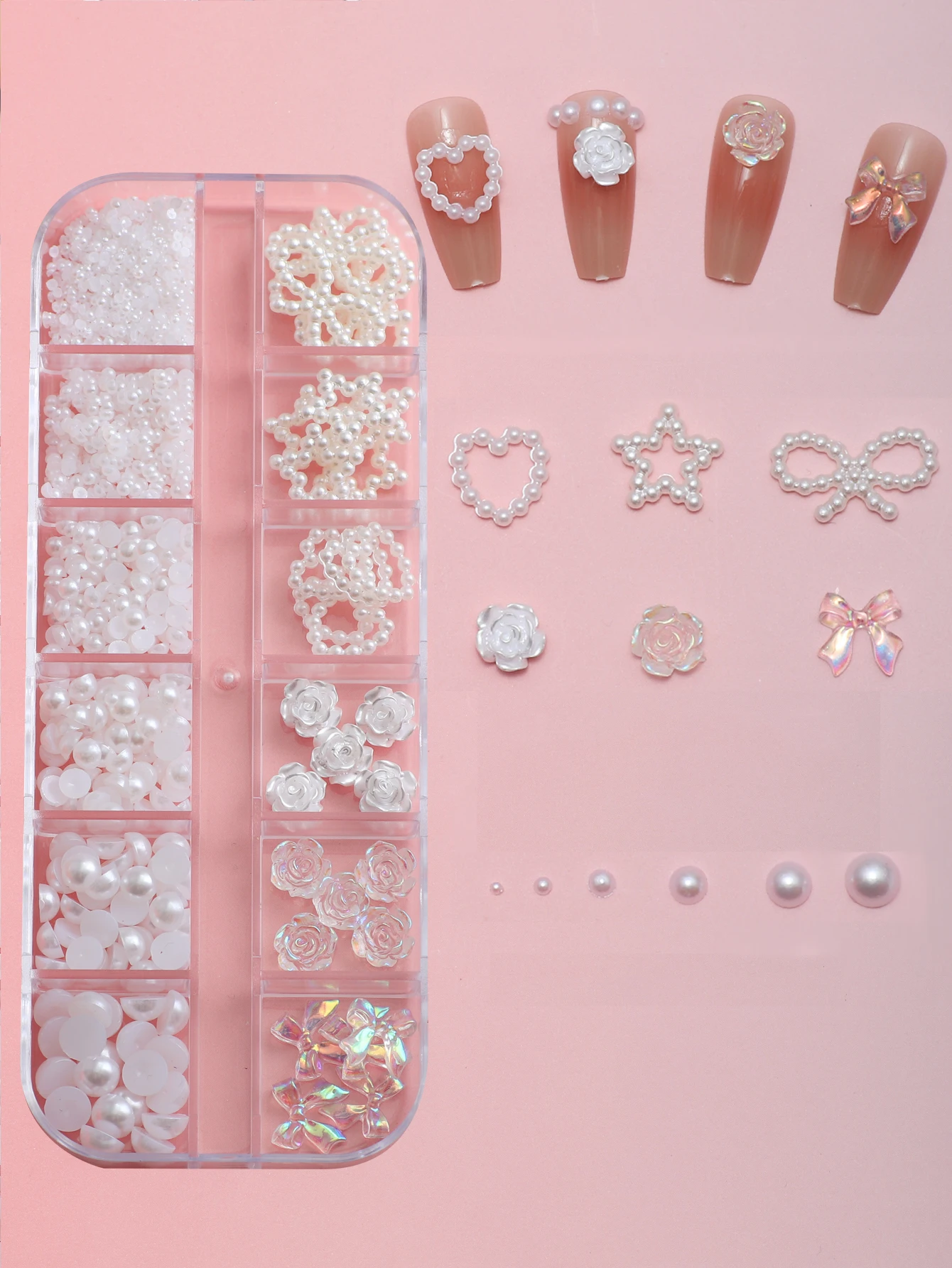 진주 활 리본 장미 동백 네일 장식, 12 그리드 송진 쥬얼리 혼합 액세서리, 네일 DIY 아트 액세서리에 적합 