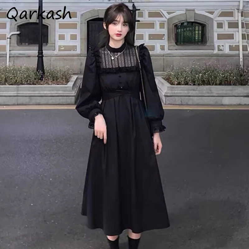 

Women Dresses Solid Y2k Casual Style Tunic Vintage Aesthetic Lace Ruffles Elegant Ulzzang Slim Party Autumn Basic Chill College