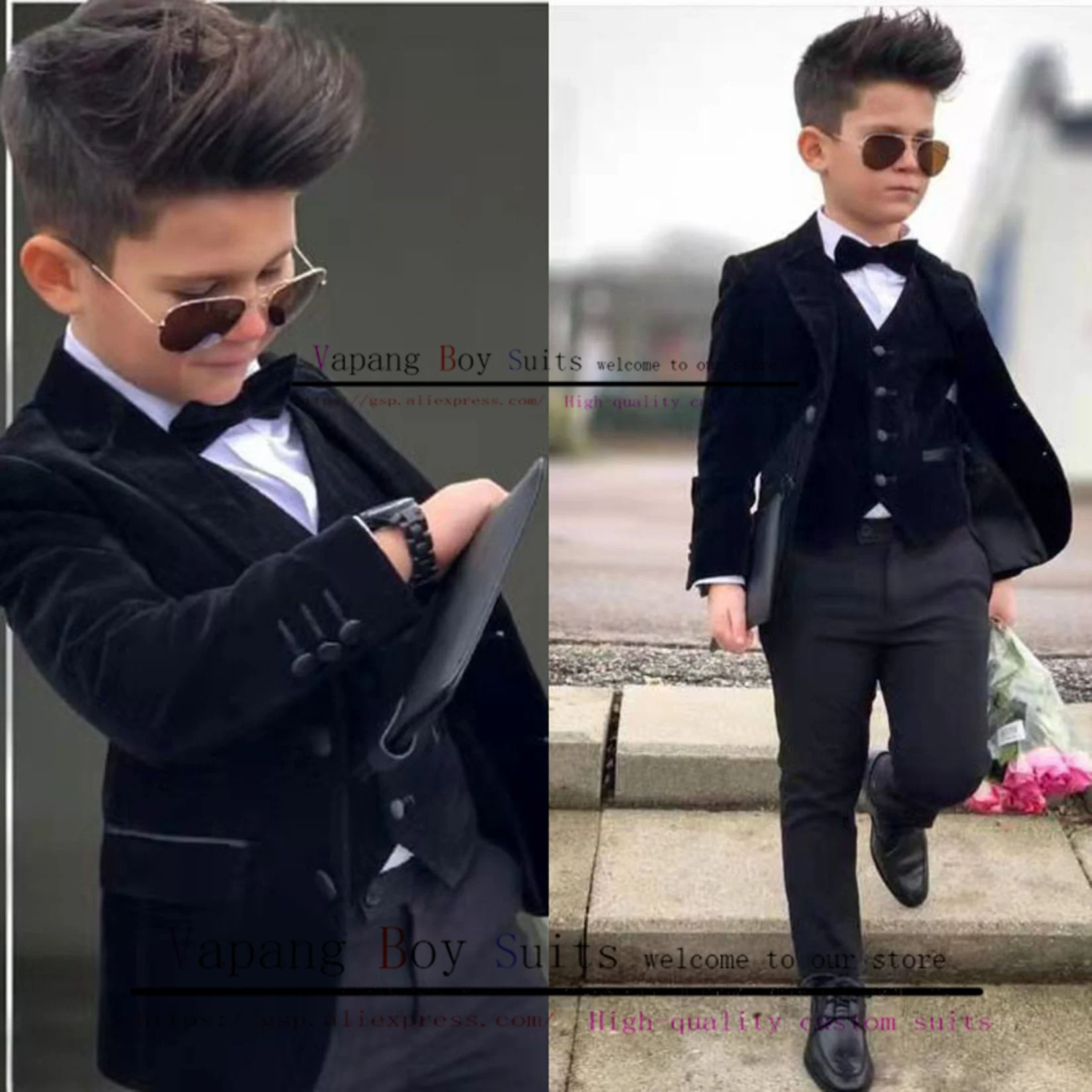 Velvet Boys Suit Jacket Vest Pants 3 Piece Wedding Tuxedo Black Formal Kids Blazer Fashion 2-16 Years Clothes