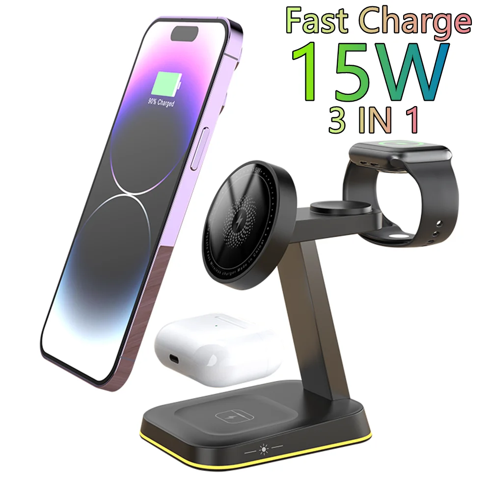 

Магнитная Беспроводная зарядная станция Macsafe для iPhone, Samsung, XIAOMI, Airpods Pro, Apple Watch 8, 7, 15 Вт, 3 в 1, быстрая зарядка