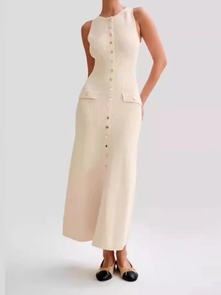 

QWEEK Elegant Office Ladies Knit Knitted Long Dress Women Bodycon High Streetwear Wrap Maxi Dresses Sleeveless 2024 Fashion