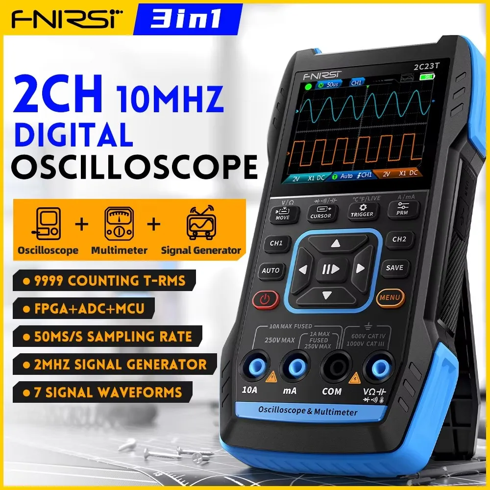FNIRSI 2C23T Handheld Digital Oscilloscope Multimeter + Function Signal Generator 2023 Latest 3IN1 Dual Channel 10MHZ*2 50MS/s image 1