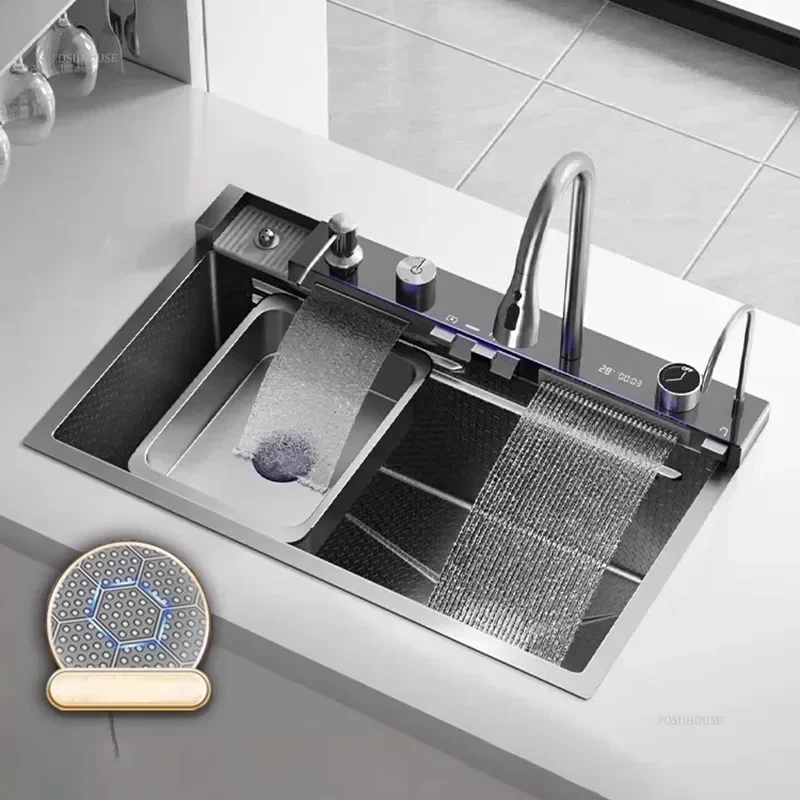 Kitchen Sink Large Single Slot 304 Stainless Steel Rain Waterfall Sink Home Honeycomb Dishwashing Basin Kitchen Accessories B A