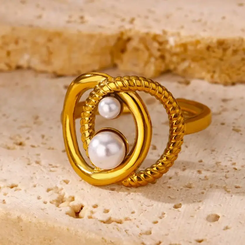 Stainless Steel Double Round Imitation Pearl Ring For Women Wedding