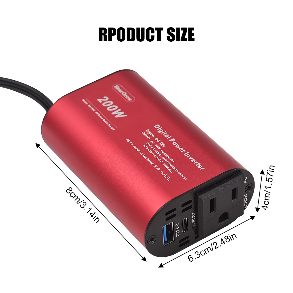 200W 전원 인버터 12V 110V AC 자동차 플러그 어댑터, 전화 노트북 담배 라이터 콘센트 컨버터, USB C 타입 자동차 충전기 포함