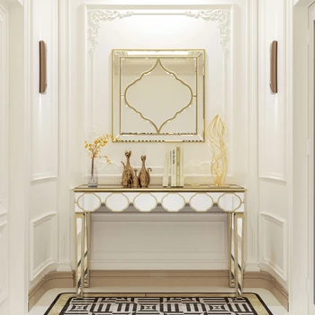 Modern Rectangular Mirrored Console Table Gold Rim Decorative Sofa Entryway Table 4-Leg Living Room Hallway Accent Furniture