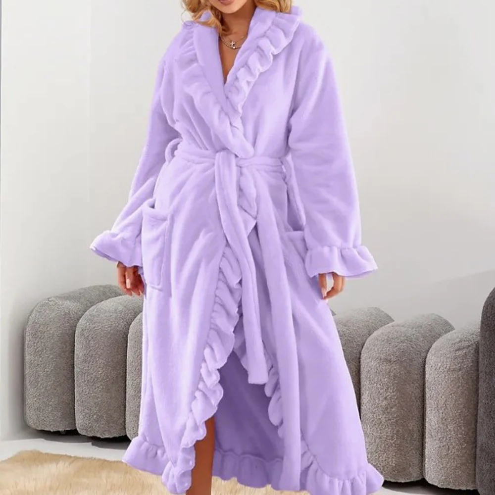 Soft Fleece Ruffle Robe for Women Wedding Bathrobe