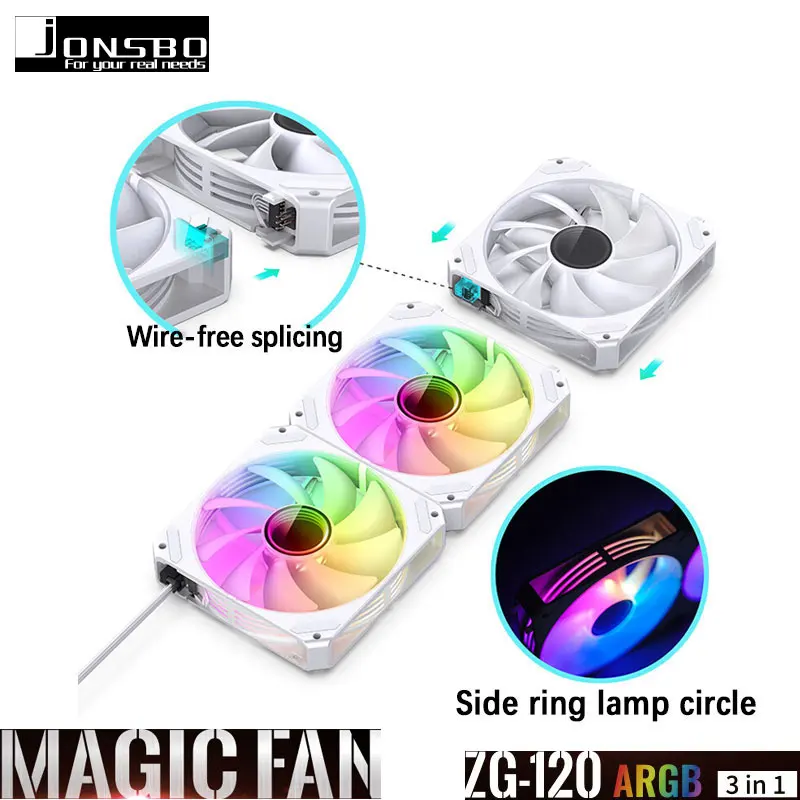 

JONSBO ZG-120B/W Wire-free splicing Fan 12CM ARGB 4pin PWM temperature control apply to PC Case fan AIO cooling liquid cooling