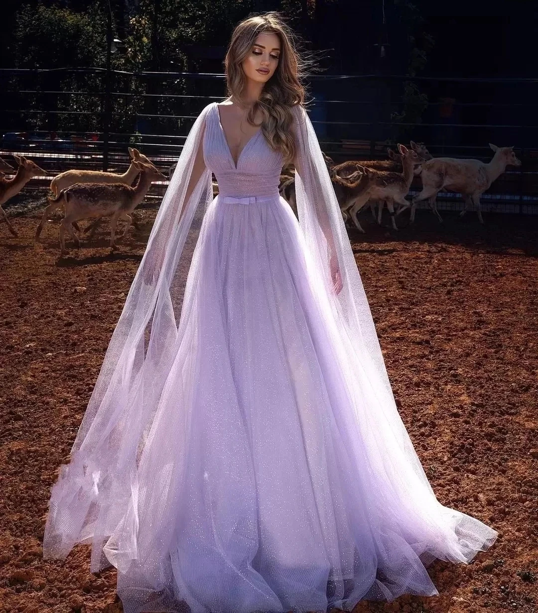 

IRIDESCENT Lilac Tulle Luxury V-Neck Prom Dresses With Cape Bohemian Glitter Robe De Soiree Long Evening Party Gowns HOT