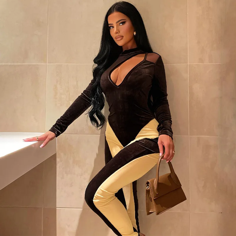 

Women's Color Block Patchwork Velvet Jumpsuit Sexy Hollow Out Long Sleeve Pants Skinny Club Party Romper One-pieces Overalls