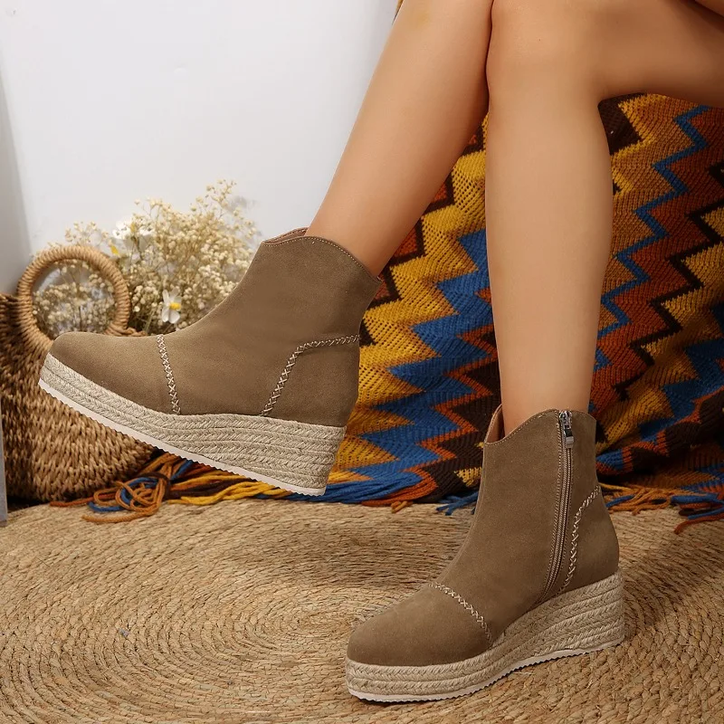 2023 Winter Shoes for Female Side Zip Women's Ankle Boots Wedge Heel Med Heel Women's Shoes Platform Plus Size Ladies Boots