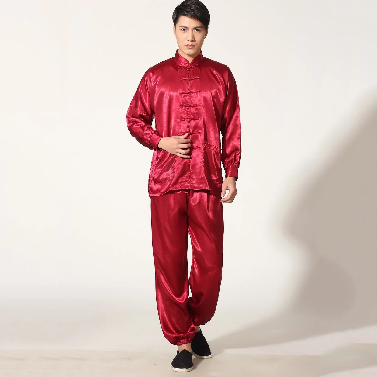 Gold Chinese Men's Satin Rayon Kung Fu Suit Vintage Tai Chi Sets Wu Shu Uniform Long Sleeve Clothing S M L XL XXL MS019 tai chi clothing chinese traditional costume chinese men hanfu top