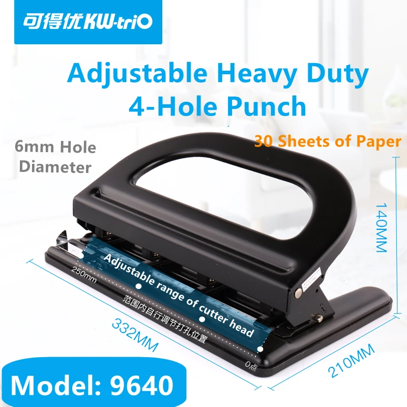 Perforadora de papel de 4 agujeros, perforadora de escritorio de acero  inoxidable ajustable, capacidad de 30 hojas, 9640