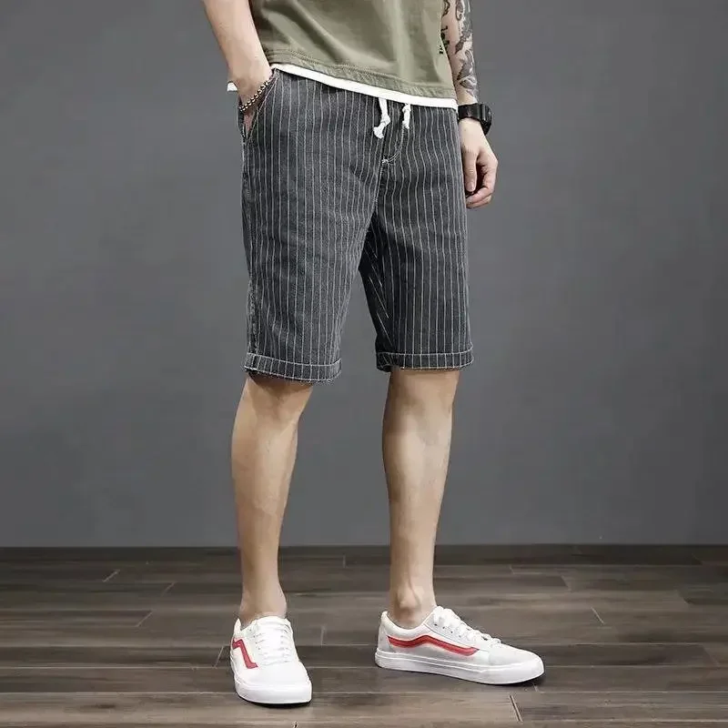 Pantalones cortos de mezclilla para hombre, bermudas anchas con cordón ajustable, pantalones vaqueros cortos holgados para hombre, pantalones largos originales de verano, moda coreana retro XL