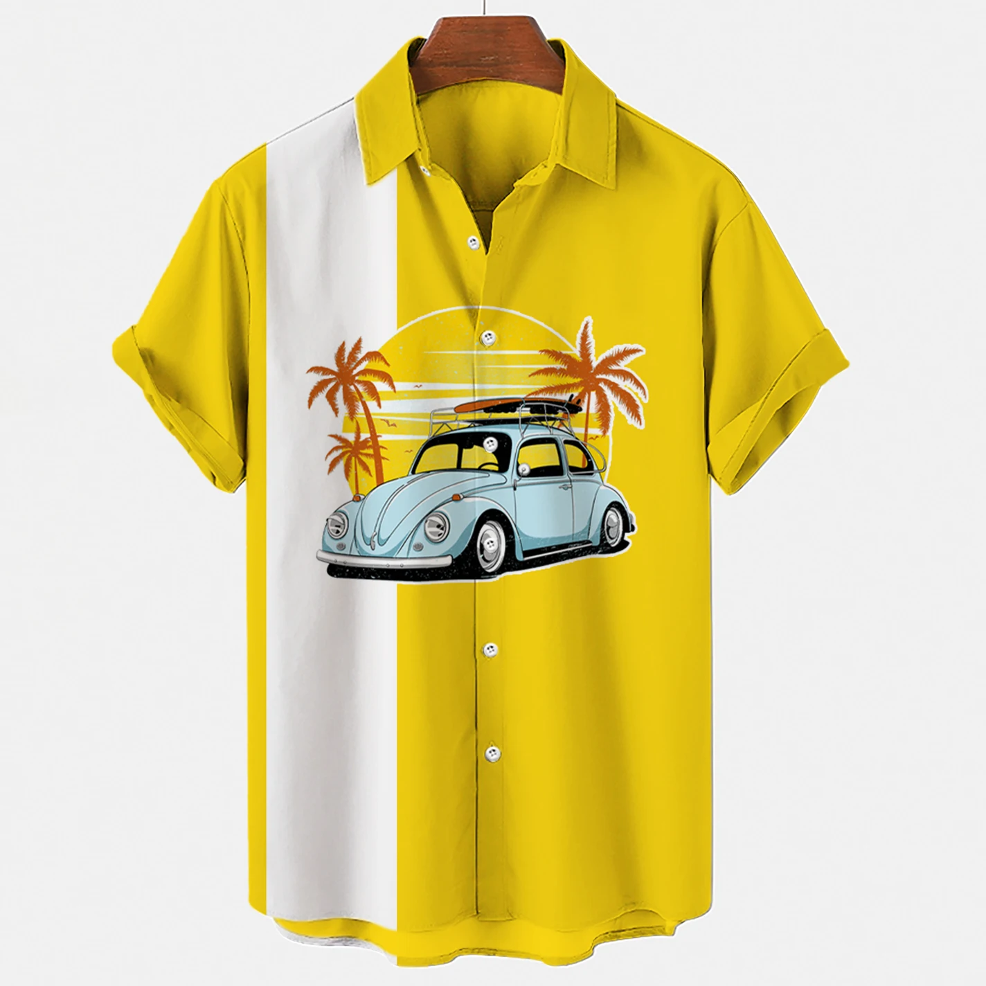 

Shirts For Men Hawaiian Shirt Men's Yellow Striped Tree Car Print Coconut Loose Casual Lapel Single Breasted Shirt S-5XL Blouses