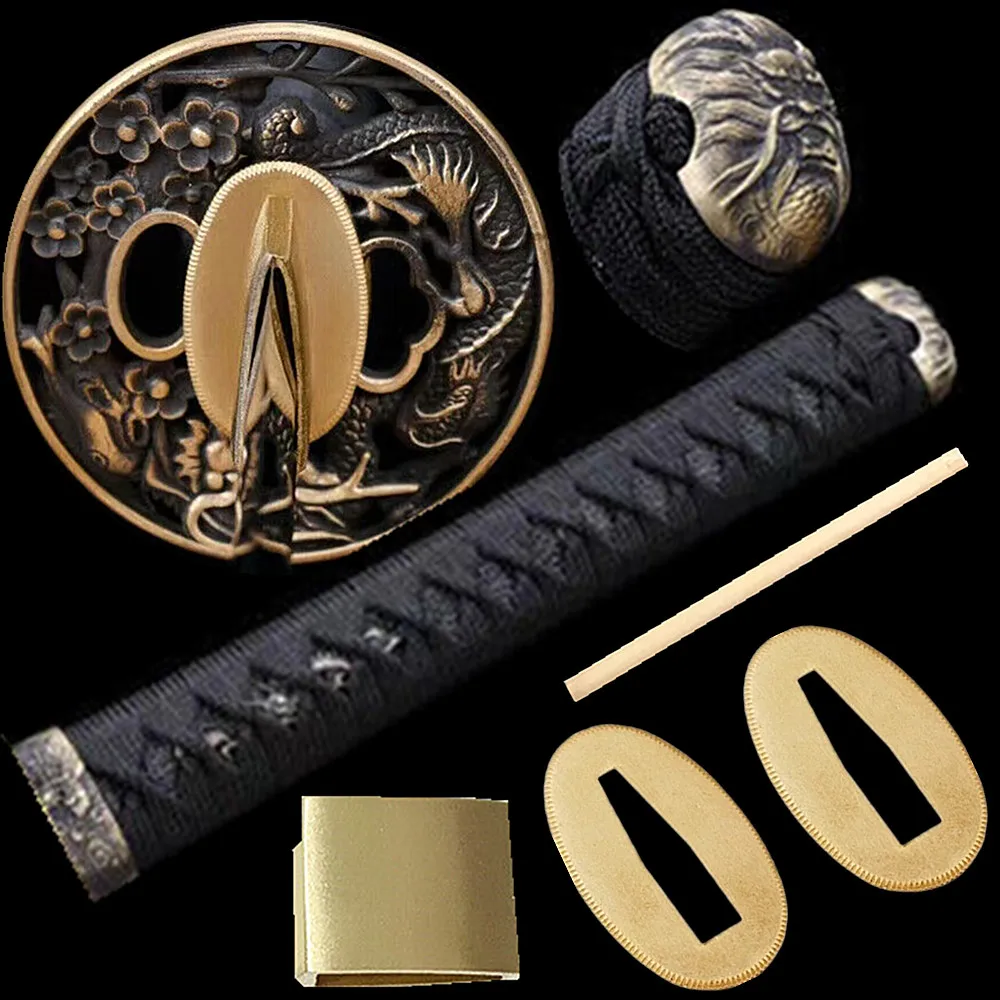 

26cm Black Ito Handle Tsuka Tsuba/Fuchi/Kashira/Habaki/Menuki/Seppa For Japanese Sword Katana Wakizashi Tanto Set Brass Dragon F