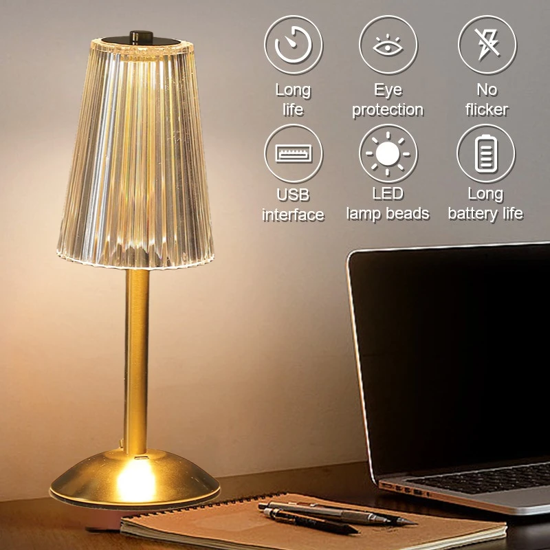 

LED Retro Crystal Table Lamp New Touch Dimmable Desk Lamp USB Portable Night Light Resturant Bar Hotel Luxury Decor Lighting