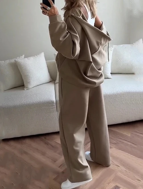 Two Piece Set for Women 2023 Autumn Sports Zipper Long-Sleeved Hooded Jacket and Casual Drawstring Wide-Leg Pants Suit