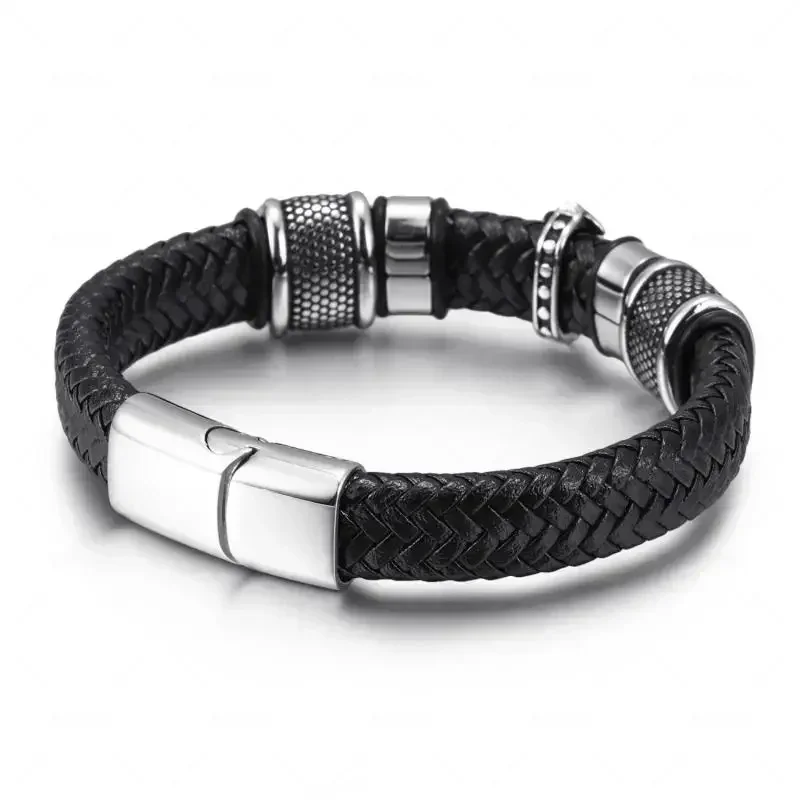 Men Fashion Classic Black Woven Leather Inlaid Cross Magnetic Hidden Safety Buckle Business Casual Bracelet
