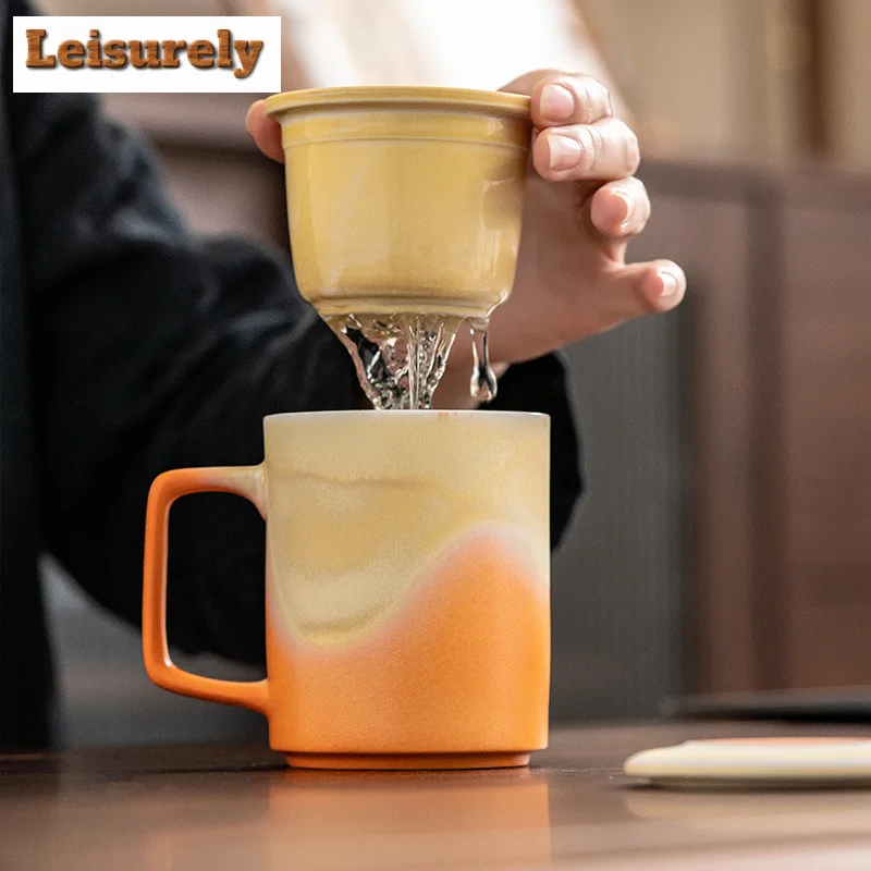 320ml Gradient Distant Hills Straight Body Filter Tea Separator Cup Handmade Tea Mug with Infuser Tea Making Office Water Cup