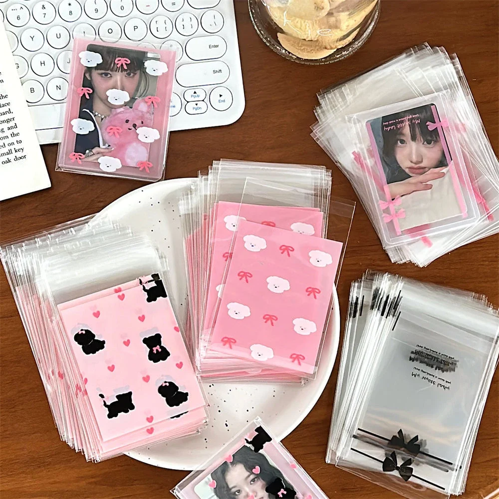 50 Stück wiederverschließbare Zellophanbeutel mit rosa Schleife, selbstklebende, durchsichtige Fotokartenhüllen, Geschenktüten, Geburtstag, Hochzeit, Partyzubehör