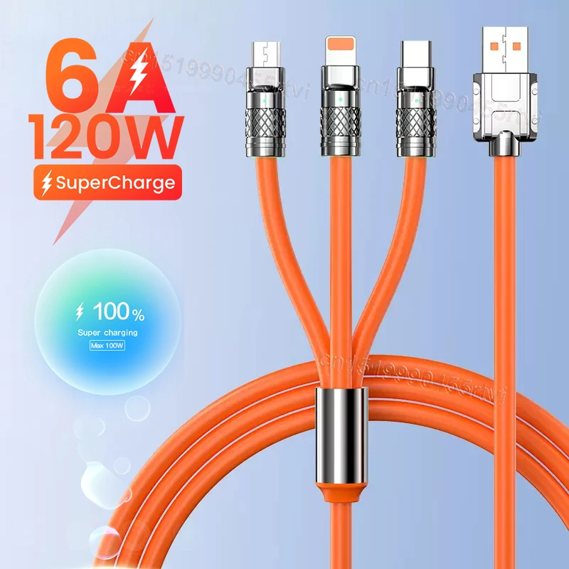 6A 120W 3in1 2in1 USB Fast Charger Cable For iPhone 14 Micro USB TypeC 8Pin Charging Cable For