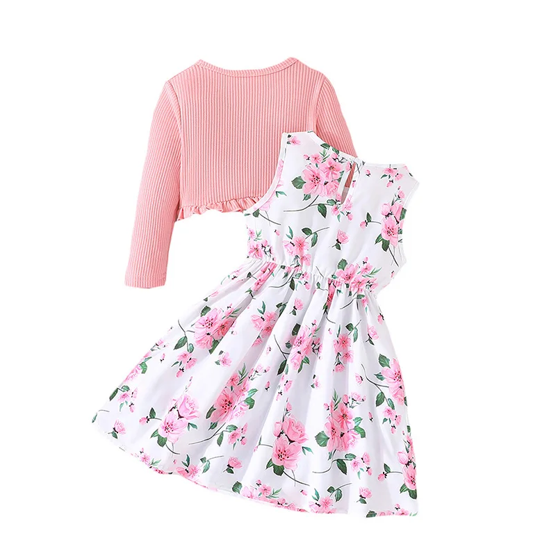 2-8y süßes Mädchen Kleid Set Blumen druck Rundhals ausschnitt A-Linie Tank Kleid gekräuselte gerippte Strickjacke Kinder-Sets – Detail 7