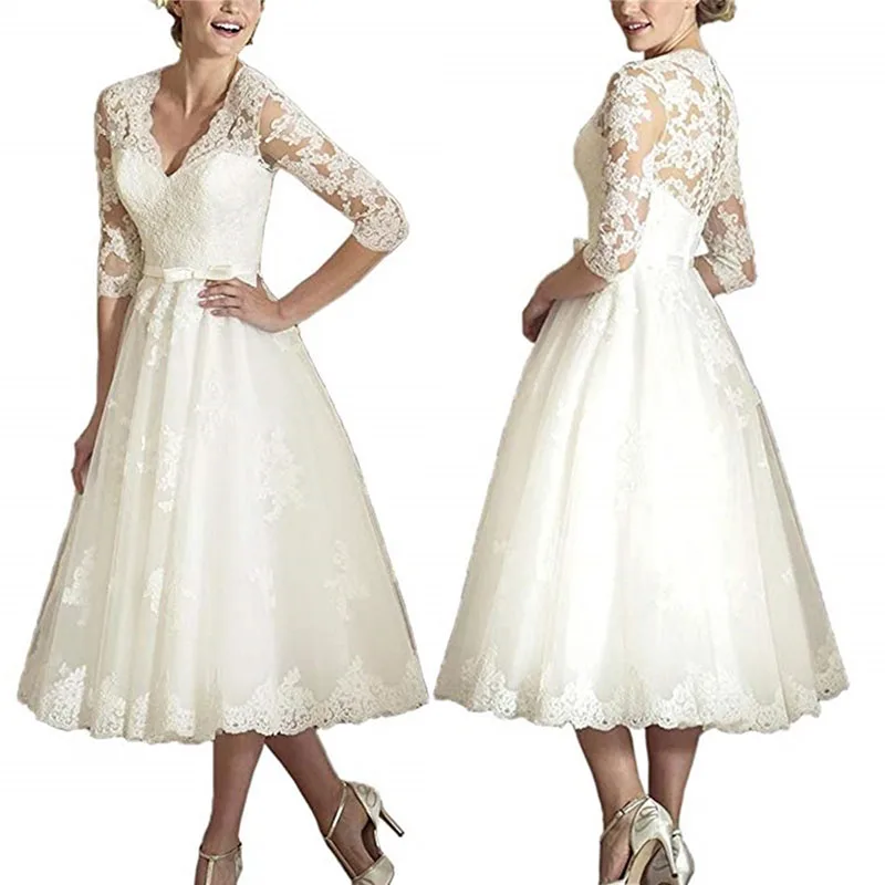 

Vestidos de novia de encaje corto, longitud de té, manga larga, V, con cuello vestidos de novia, apliques de encaje, vestido de