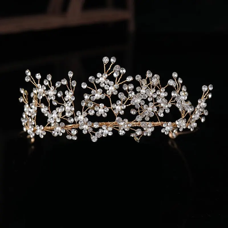 Floralbride Handmade Rhinestones Crystal Pearls Flower Bridal Tiara Headband Bridal Hair Vine Women Jewelry Hair Accessories