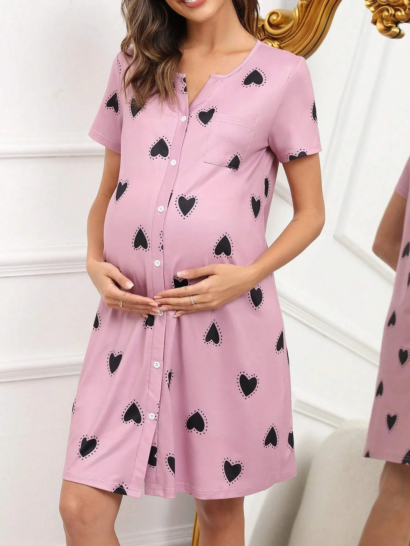 Cotton Pajama Set Maternity Nightgown Set Summer Home Clothes Set Pregnant Women's Home Pajamas Pink Short Sleeved Skirts Dresses