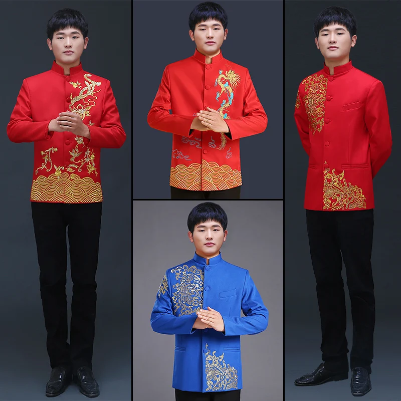 Men's Tang suit jacket plus size slim Chinese-style host dress Chinese style red annual meeting Zhongshan suit costume chinese style student costume may fourth youth zhongshan poetry recitation class costume performance chinese style tang suit