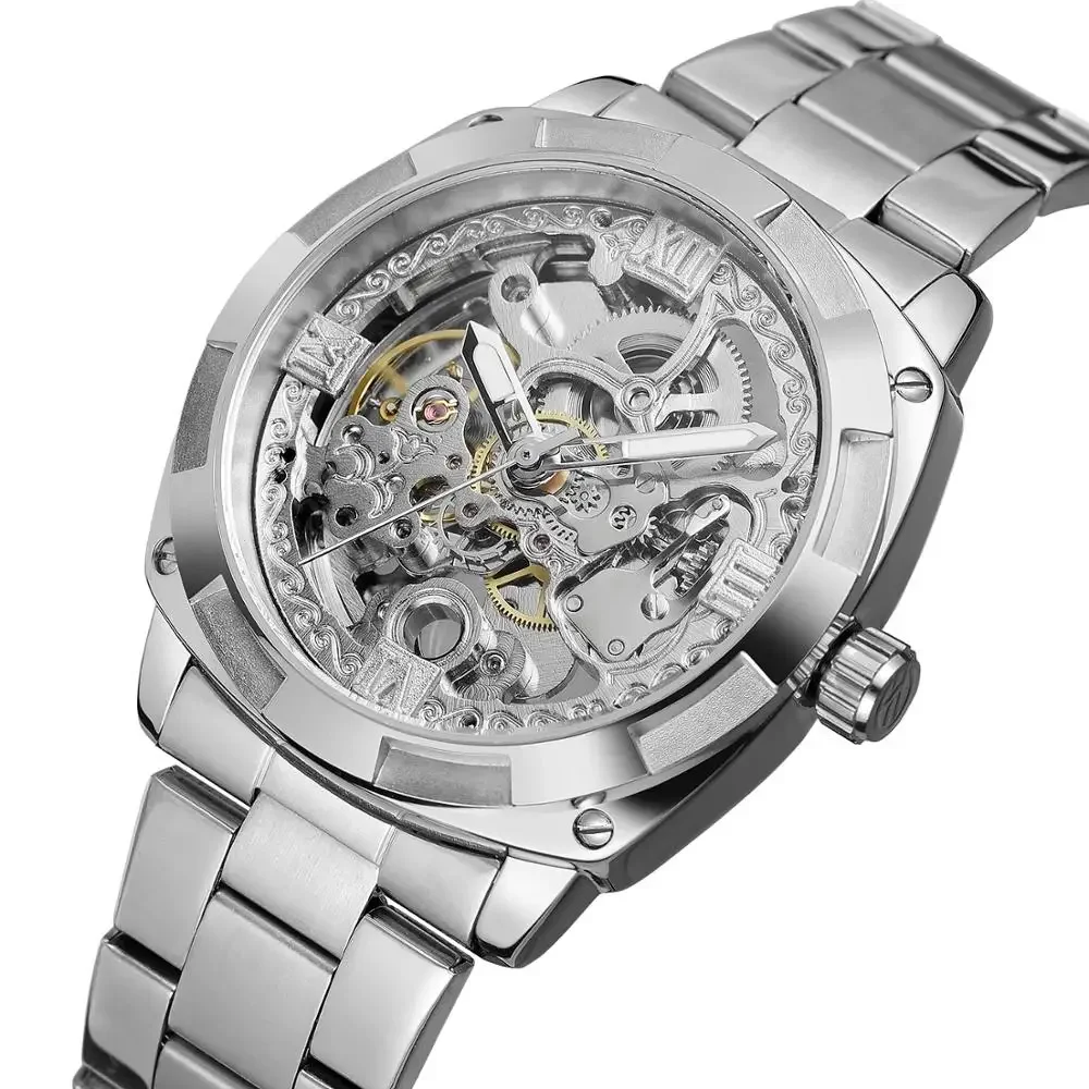 

Transparent Skeleton Silver Men's Mechanical Wristwatches Vintage Engraved Style Automatic Self Wind Stainless Steel Band Watch