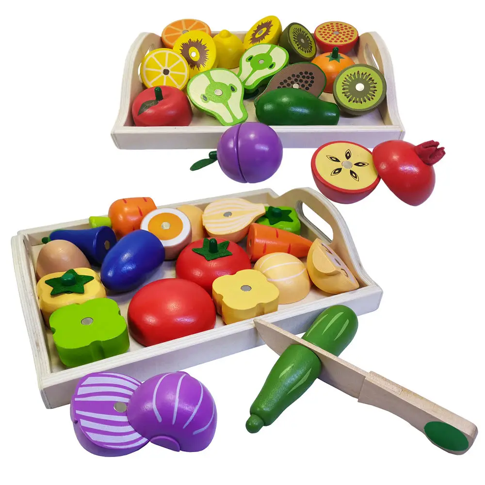 Wooden Play Food for Kids Kitchen Cutting Fruit Vegetable Set Role Pretend Play Montessori Toy for 2 3 4 5 6 Year Old Boys Girls