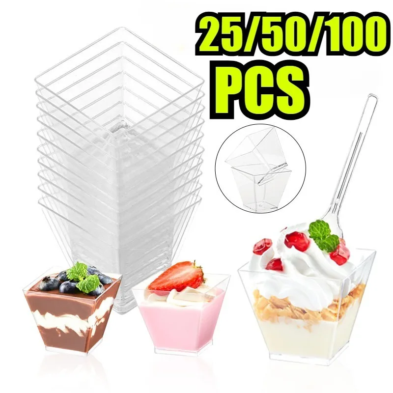 25/50/100PCS Transparent Ladder Shaped Cups Dessert Cups Pudding Fruit Ice Cream Camp Birthday Party Plastic Food Container BEST SELLERS