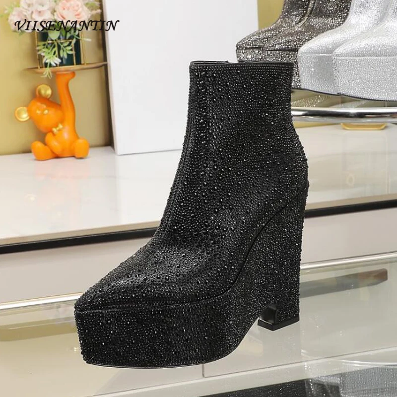 

Sexy High Heel Wedge Platform Women Short Ankle Boots Full Diamond Bling Bling Party Nightclub Charming Dress Shoes 2023 New