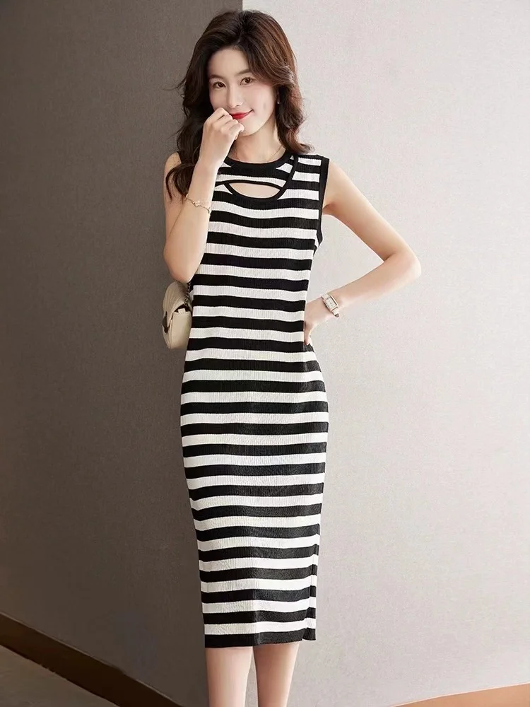 

Fdfklak Summer New Slim Knitted Vest Skirt Sleeveless Striped Elegant Openwork Dress Vestidos Para Mujer Vestido Feminino 2023