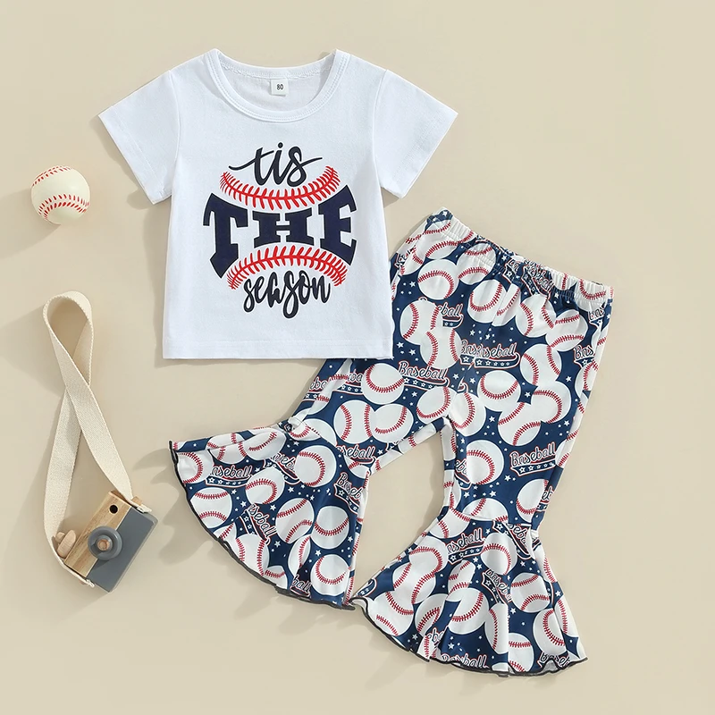 

Summer Toddler Girl Clothes 2Pcs Outfits Short Sleeve Letter Tops + Baseball Bell Bottoms Set Baby Children Clothing
