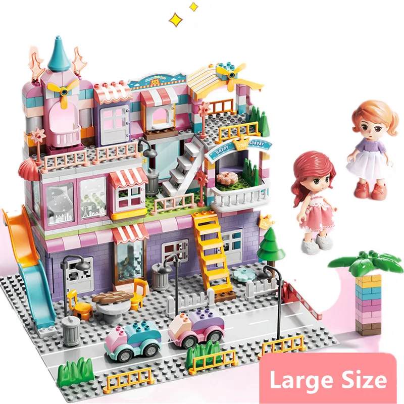 Large Building Blocks Gril Dream Doll House Big Pink Princess Castle Bathroom Bedroom Living Room Compatible Parts Children Gift