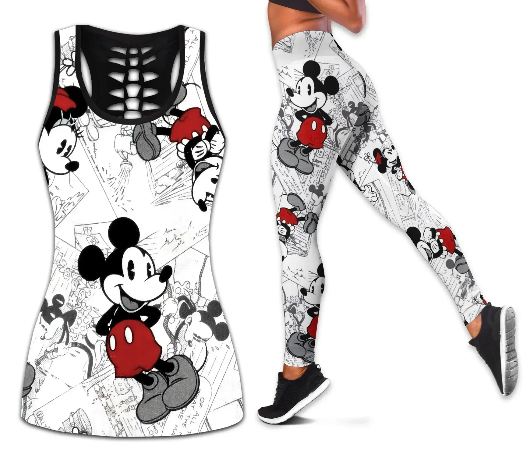 Nowe damskie bezrękawnik z wcięciem Mickey Mouse damskie legginsy strój do jogi legginsy Fitness strój sportowy Disney Tank Top Legging komplet strój