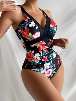 2026 Strappy Swimsuit One Piece Printed Floral Swimwear Women Bathers Bathing Swimming Swim Suit Padded Beachwear Summer XXL
