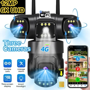 V380Pro 4G Camera Sim GSM WIFI Cam 12MP 6K Three Lens Three Screen Monitor Night Vision Security PTZ Video Surveillance Camera 1