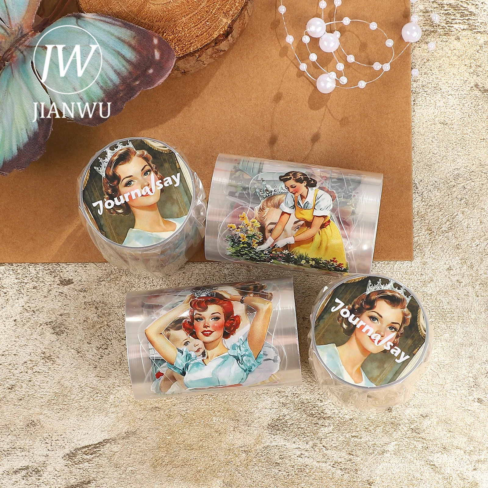 JIANWU 60mm * 200cm 빈티지 주부 캐릭터 풍경 소재 콜라주 스크랩북 PET 테이프 크리 에이 티브 DIY 저널 문구