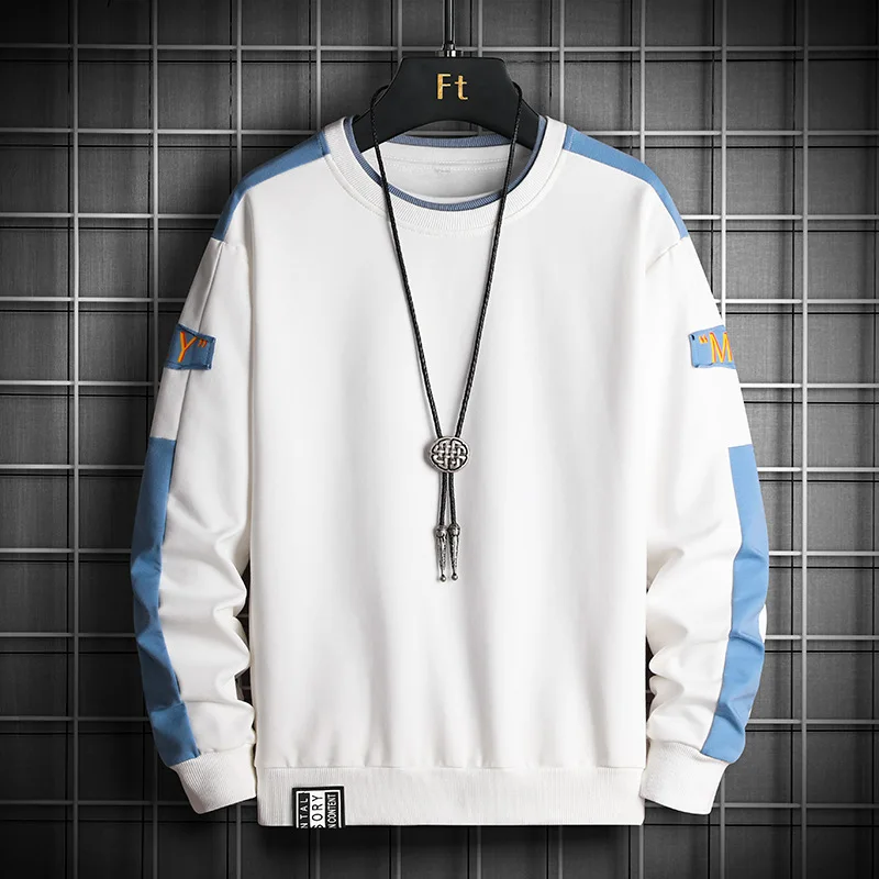 2024 Autumn Men Casual Hoodies Crewneck Shirt Long Sleeve Sweatshirt Hip Hop Patchwork Streetwear Mens Fall Pullover O-Neck Tops